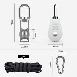 DBREAKS Stainless Steel Pulley, Rope Block with 20 mm Roller, 4 Pieces Pulley Roller + Nylon Rope + Carabiner, Pulley Roller for Ropes Steel Cable