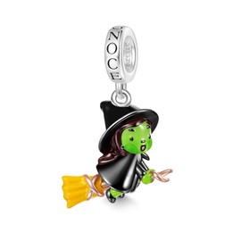 GNOCE Charm Pendant Wicked Elphaba on Broom Flying Pendant S925 Sterling Silver Charm Beads for Bracelet Necklace Jewellery Gift for Fans, Silver, Cubic Zirconia