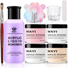 WAYI Kit de uñas acrílicas con líquido monómero – 4 colores de polvo, pincel, vaso de cristal, moldes para uñas y lima Kit de extensión acrílica todo en uno para principiantes y profesionales