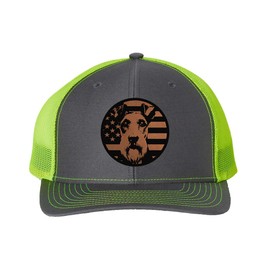 Wire Fox Terrier Dog Patriotic Design Laser Engraved Leather Patch Richardson 112 Snapback Trucker Cap Charcoal/neon Yellow