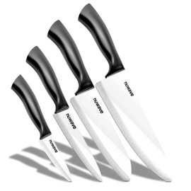 Nuwave 4-piece White Ceramic Set – Includes 3” Paring Knife, 5” Utility Knife, 6.5” Everyday Knife & 8” Chef’s Knife, Ideal Super Sharp Kitchen Knives, Rust Proof, with Ergonomic Handles