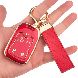 OLLEN 5-Button TPU Key Fob Cover, Fit for GMC Acadia 2017-2025, for Terrain 2018-2025, Fit for Sierra 2019-2025, for Chevy Silverado 2019-2022, Full Protection Soft TPU Key Case, with Keychain, Red