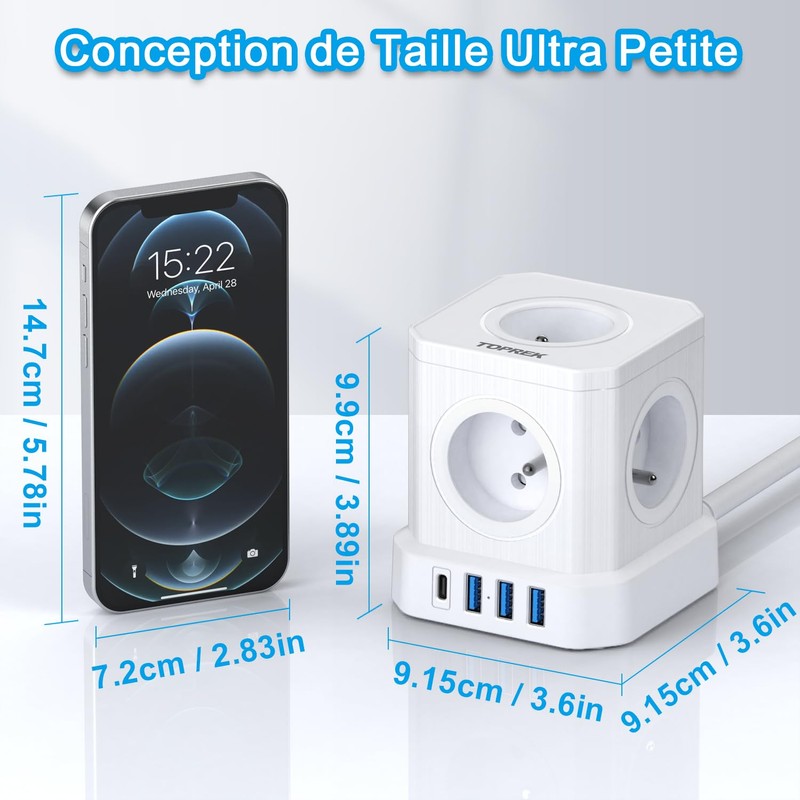 Multiprise USB Cube, TOPREK Cube Rallonge Multiprise 2M Avec 5