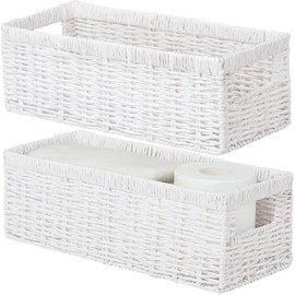 Vagusicc Wicker Storage Basket, Paper Rope Wicker Baskets with Handles, Toilet Paper Basket for Toilet Tank Top, Small Wicke Baskets for Organizing Shelves, 2-Pack, White