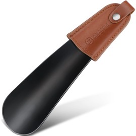 ZOMAKE Metal Shoe Horn Small Shoehorn 6.7 inch - Travel Shoe Horns for Seniors Men Women Kid - Stainless Steel Shoe Horn with Leather Handle(Black)