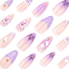 24Pcs French Tip Press on Nails Almond Medium Flower Fake Nails Purple Gradient False Nails with 3D Flowers Pearl Nail Charms Designs Luxury Glue on Nails Acrylic Artificial Nails for Women Girls