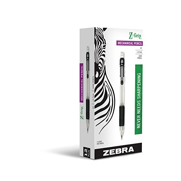 Zebra Z-Grip Mechanical Pencil, 0.7mm Point Size, HB #2 Graphite, Black Grip, 12 Pack