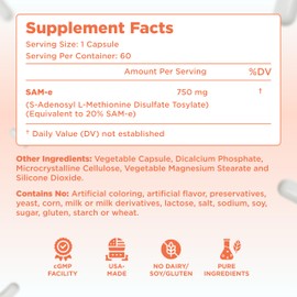 Bioactive SAM-e 750mg - High Strength SAM-e Supplement with Biologically Active S,S Form for Liver and Mood Support - Vegan Non-GMO Preservative Free - Made in The US (60 Capsules)
