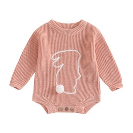 Lesimsam Newborn Baby Boy Girl Easter Outfit Oversized Bunny Knit Sweater Bubble Romper Long Sleeve Jumpsuit Spring Clothes (A-Pink, 0-3 Months)