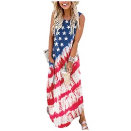Reverse Rainbow Pocket Sleeveless Maxi Dress for Women Summer Hawaiian Beach Casual Tank Dresses Plain T Shirt Dress(USA Flag-10,Large)