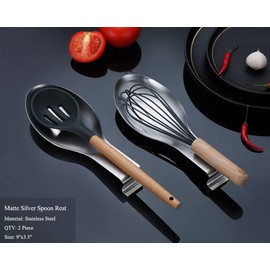 Matte Silver Spoon Rest, Stainless Steel Spoon Holder for Stove Top, Holder for Ladles, Tongs, Spatula, Stove Spoon Holder, Pot Lid Holder, Dishwasher Safe (2PC-9.5 Inch)