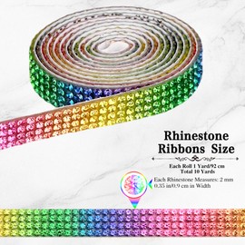 Self Adhesive Rhinestone Ribbon - 10 Rolls 10 Yard Rhinestone Strip - Glitter Bling Crystal Diamond Ribbon for DIY Decor, Shoes, Wedding, Party, Crafts - 4 Rhinestones/Row, Multicolor