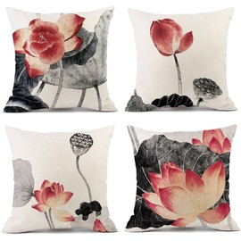 Decorative Throw Pillow Covers Set of 4, 18x18 Inch Square Cushion Covers Decoration Pillowcases Linen Cushion Case for Sofa Patio Living Room Couch Home (Ink Painting Lotus, 45x45cm/18x18inch/4pcs)