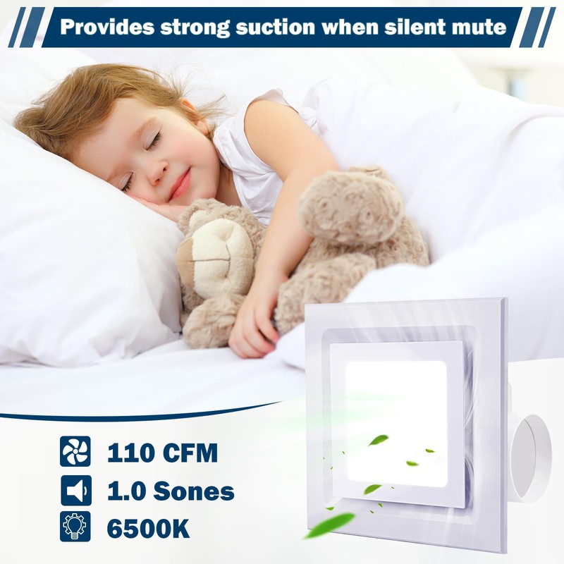 FEITON Square Bathroom Exhaust Fan with LED Light, 110 CFM
