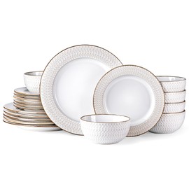 GBHOME Ceramic Dinnerware Sets,18 pcs Embossed Elegant Stoneware Plates and Bowls Sets, Housewarming Wedding Gift | Dishwasher & Microwave Safe | Dishes Set Service for 6