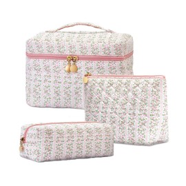 Teiniuby 3 PC Floral Makeup Bag Set, Pink Quilted Make Up Bag, Aesthetic Large Floral Cosmetic Pouch for Women, Cute Cotton Makeup Bags, Flower Travel Toiletry Organizer Bag