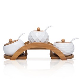 MIATTCLD Porcelain Condiment Jar Spice Container with Bamboo Lids & Tray, Ceramic Serving Spoon, Set of 3, White, 170ML(5.8 OZ), Perfect Spice Storage for Home, Kitchen
