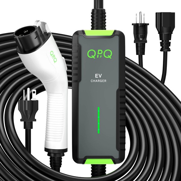 QPQ Level 1-2 EV Charger, 16 Amp 110-240V Portable Electric Car Charger, Electric Vehicle Charging Stations with NEMA 6-20 Plug & NEMA 5-15 Adapter for J1772, Level 2 EV Charger with 21 FT Cable