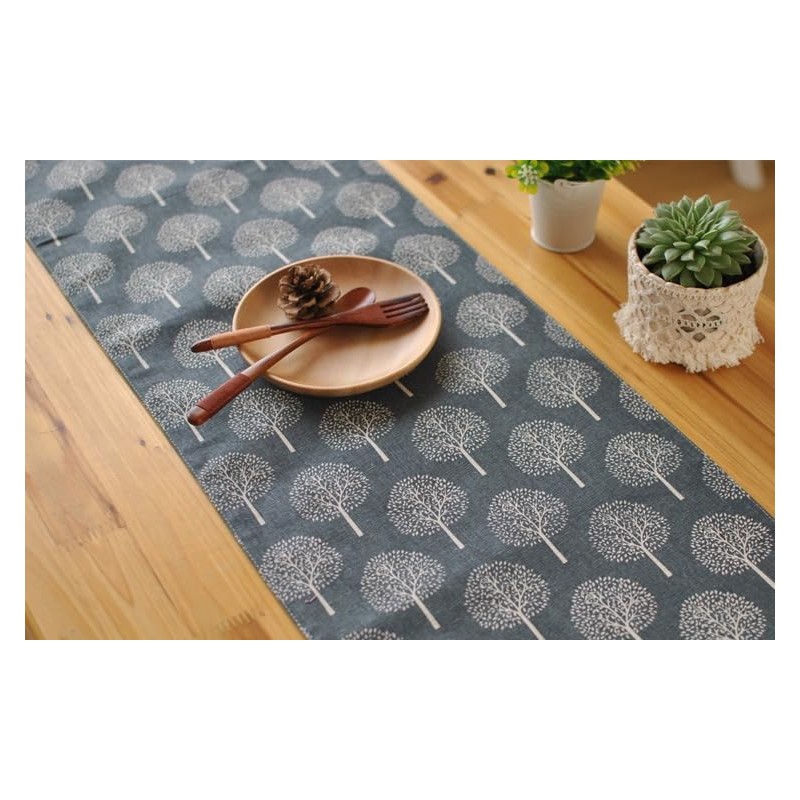 CosyAurora Linen Table Runner Mulberry Trees Navy Blue, Seasonal Kitchen