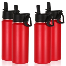 Volhoply 18oz Insulated Water Bottle Bulk 4 Pack,Kids Stainless Steel Water Bottles with Straw,Double Wall Vacuum Metal Thermos Water Bottle,Wide Mouth Reusable Sport Flask For Cold Drink(Red,4 Set)