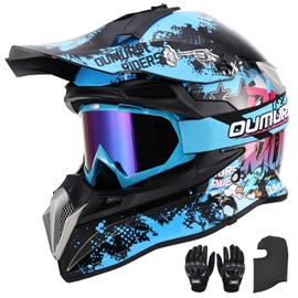 OUMURS DOT Adult Dirt Bike Helmet with Goggles Gloves & Mask Adjustable Sun Visor Motorcycle Adult ATV Helmet Off-Road Motocross Downhill Moped MX BMX for Unisex Adult-188-Blue Cowboy, L