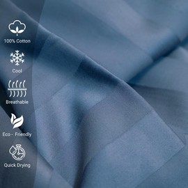 Pizuna Cotton Sheets King Size, 300 Thread Count Long Staple Cotton Soft Sateen Sheets King with 15" Deep Pocket (Combed Stripe Luxury Blue Cotton Sheets King)
