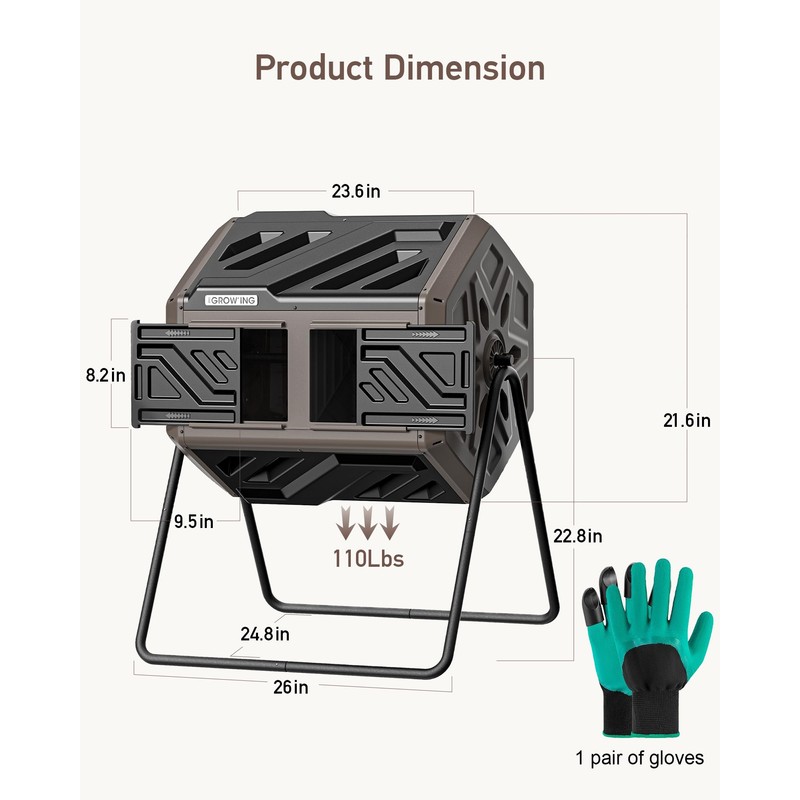 THEGROW'ING Updated 43 Gallon Compost Bin Outdoor, Fast Assemble Tumbling