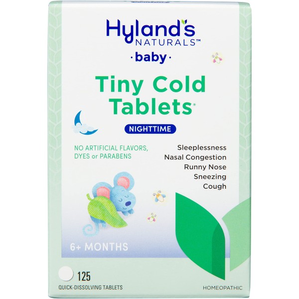 Hyland's Naturals Tiny Cold Tablets Nighttime, Baby & Infant Cold And Cough Medicine, Decongestant, Natural Relief Of Common Cold Symptoms, 125 Quick-Dissolving Tablets