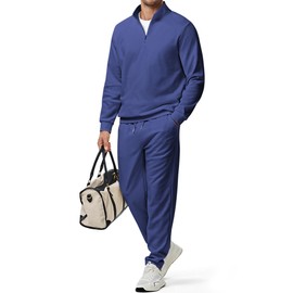 JMIERR Men Fall Casual 2 Piece Outfit Quarter Zip Twill Sweatpants Sport Polo Sweatshirt Jogger Set Fall Tracksuit, M, Blue