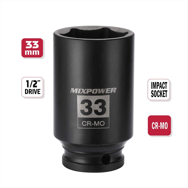 MIXPOWER 1/2" Drive Deep Impact Socket, CR-MO, 33 mm, METRIC,