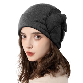 Superora Women's Hats 100% Wool Women Elegant Hat Winter Warm Berets Vintage Bucket Hat Flowers Bowler, gray