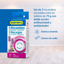 Set of 3 Mini Anti-Moisture Tablets - Dehumidifier Refill - Lavender Fragrance - Ideal for Absorbing Moisture in Wardrobes, Bathrooms and Bedrooms - 75g - Humydry