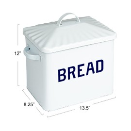 Creative Co-Op Chic Farmhouse Enameled Bread Box with Lid, "Bread" Message, White and Navy