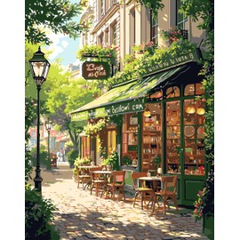 Mrnsiet Paint by Numbers Kit for Adults, Easy Street Cafe Adult Paint by Number Kits on Canvas, Spring Scene DIY Acrylic Oil Number Painting Kits for Home Wall Decor Gift 16x20 Inch