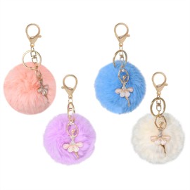 Honbay 4PCS Ballerina Ballet Dancer Fluffy Keychain Faux Rabbit Fur Pom Pom Ball Keyring Artificial Fur Alloy Car Key Holder Hanging Ornament Decoration Women Bag Handbag Backpack Purse Wallet Pendant