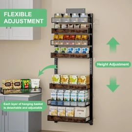 Over The Door Pantry Orangizer,8 Tier Wall Mounted or Over Door Spice Rack with Adjustable Wood Basket and Acylic Basket,Metal Heavy Duty Hanging Door Storage Shelf for Kitchen Pantry and Bathroom