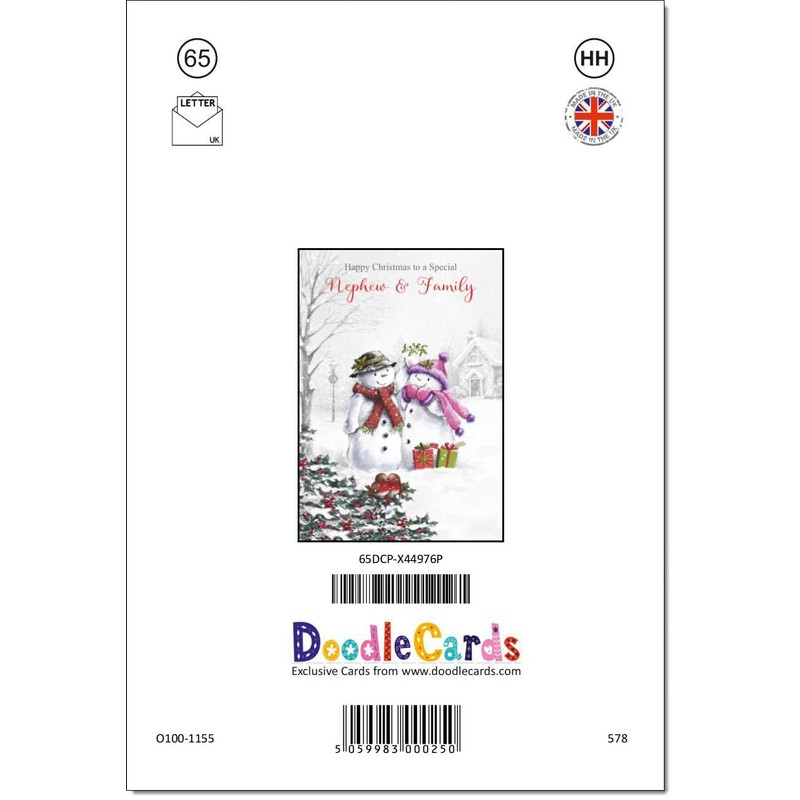 doodlecards Nephew and Family Christmas Card Two Snowmen Medium Size