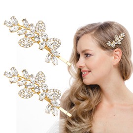 2PCS Gold Bride Wedding Headpiece,Rhinestone Sparkly Leaves Hair Pins Accessories,Vintage Golden Leaf Hairpin,Bridal Hair Clips for Women and Girls