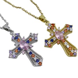 Joddfly 2-PCS Multi-Color Stainless Steel Cross Pendant Necklace with Zircon Crystals, 25mm x 20mm, Gold and Silver Chain