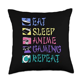 Kawaii Anime Merch Manga For Men Women Kids Eat Sleep Gaming Repeat Kawaii Otaku Anime Manga Color Throw Pillow, 18x18, Multicolor