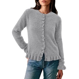 PRETTYGARDEN Womens Fall Button Down Cardigans Chunky Knit Ruffle Open Front Cropped Cardigan Sweaters Soft Long Sleeve Tops (Grey,X-Large)