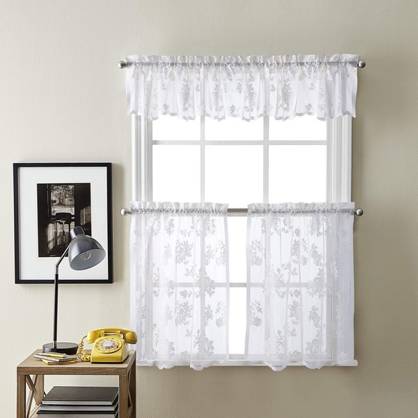 Curtainworks Sibella Lace Kitchen Curtain Window, Rod Pocket, 36 in Tier Pair, White
