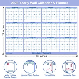 24" x 36" 2026 Wall Calendar, Folded Wet & Dry Erase Wall Calendar 12 Month, Yearly Laminated Calendar, Reversible Annual Planner, Horizontal/Vertical, with Julian Dates