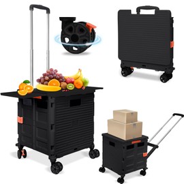 FELICON SELORSS Folding Utility Cart Rolling Crate Tote Basket Box Storage Handcart on 4 Swivel Wheels with Adjustable Handle Extended Magnetic Lid for Teacher Move Shop Travel Grocery Office(Black)
