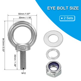 PATIKIL M12 x 35mm Eye Bolt with Nut, 2 Pack 304 Stainless Steel Lifting Shoulder Eyebolt Lift Thread Screws for Hanging, Silver