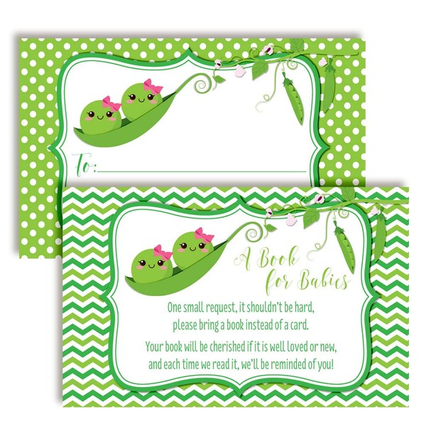 Two Peas In A Pod Twin Girls “Bring A Book” Cards for Twin Baby Showers, 20 2.5 by 4 Inch Double Sided Insert Cards by AmandaCreation, Invite Guests to Bring A Book for the Baby