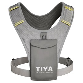 TIYA Phone Holder Running Vest – Waterproof Smartphone Pouch, Zero Bounce, Ultra Lightweight & Reflective – Extra Pocket Holds Keys, Cards & Gel – Adjustable – for Men & Women - Grey