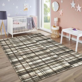 GarveeHome Area Rug-Perfect for Living Room Bedroom Bedside Nursery Office Low Pile Washable Neutral Soft Faux Wool Carpet Non Slip Distressed Modern Plaid Area Rug 5x7 Ft Beige and Brown