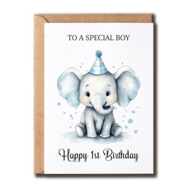 APVGifts To A Special Boy Happy 1St Birthday Card - Blue Elephant Card - Baby Shower Card - Elephant Birthday Card - Toddler Card - Cute Card