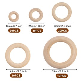 Pack of 100 Wooden Rings for Crafts, Jewellery Making, 5 Sizes, Macrame Rings, Natural Wooden Rings, for DIY Jewellery, Arts & Crafts, DIY, Home Decor & Jewellery Making (17/25/35/45/55 mm)